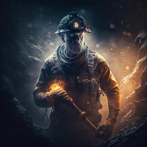 Create a realistic image of a miner wearing a hard hat, holding a miner's pick, digging for bitcoins in a dark underground mine, dramatic lighting, industrial setting, digital art, high resolution, 16:9 aspect ratio, cinematic composition --v 4