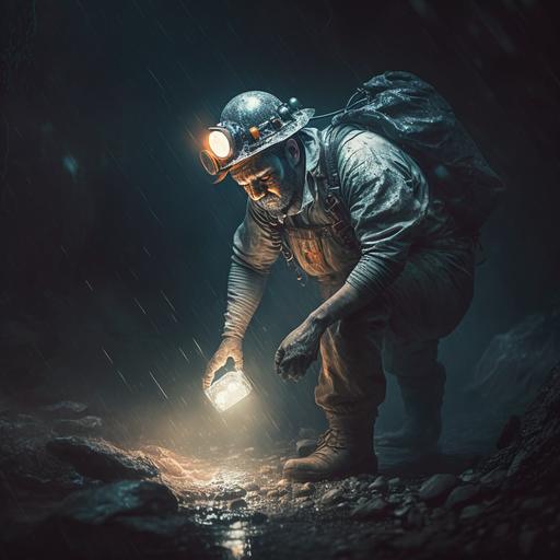 Create a realistic image of a miner wearing a hard hat, holding a miner's ice pick, digging for bitcoins in a dark underground mine, dramatic lighting, industrial setting, digital art, high resolution, 16:9 aspect ratio, cinematic composition --v 4