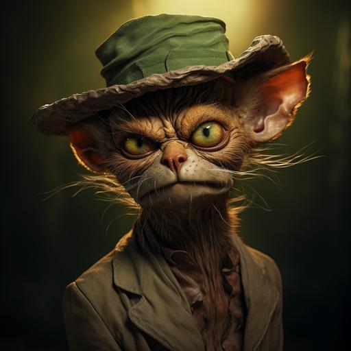 Create a realistic image of an imaginary being, short in stature, old, with smooth skin, wearing a tall brown hat, a green and white t-shirt, and wide brown trousers. Its eyes have pupils with the $ impression, a liar's long nose, a large red mouth, cat ears, butterfly wing arms, short legs, only the two upper canine teeth, and a rabbit's tail. It is in a forest with many tall trees. The environment is well-lit.
