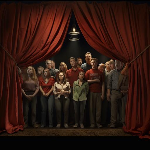 Create a realistic image that portrays a dramatic revelation moment where ten individuals, representing different types of 'saboteurs,' are being unveiled to the audience. Each person should have a distinct look and expression that encapsulates the essence of the sabotaging behavior they represent. The setting should feel like a grand reveal, as if curtains are being pulled back to expose these characters to the public. Capture the audience's mixed reactions of awe, curiosity, and realization
