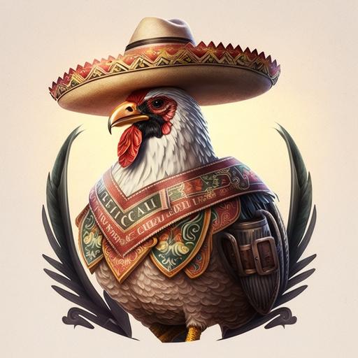 Create a realistic logo of a chicken in a mariachi outfit and sombrero