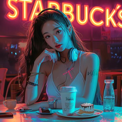Create a realistic photo of a beautiful girl with long black-blonde hair wear a white tank top and headphone around the neck, relaxing in a cool manner, her hand holding a 'starbucks' cup. There's a cellphone on the table and some cakes on the plate. The background is a neon cafe sign of 