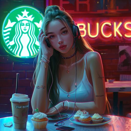 Create a realistic photo of a beautiful girl with long black-blonde hair wear a white tank top and headphone around the neck, relaxing in a cool manner, her hand holding a 'starbucks' cup. There's a cellphone on the table and some cakes on the plate. The background is a neon cafe sign of 