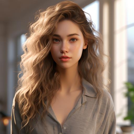 Create a realistic picture of a girl with fox-like eyes, a slender silhouette, wavy hair, and a sporty, well-proportioned figure with visible abdominal muscles and feminine curves. She is a 25-year-old Slavic woman with 25% Asian heritage and green eyes. She is 175 cm tall, wears natural makeup, and has wavy hair. She dresses in short blue denim shorts, a white undershirt with an orange bralette, and white wedge sneakers. She wears a bracelet on her wrist, and her nails are painted in a milky color. Additionally, she has a pendant that is 25 cm long.