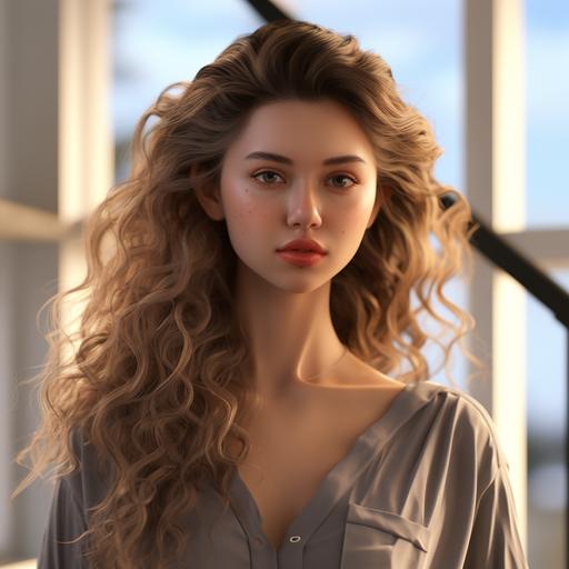 Create a realistic picture of a girl with fox-like eyes, a slender silhouette, wavy hair, and a sporty, well-proportioned figure with visible abdominal muscles and feminine curves. She is a 25-year-old Slavic woman with 25% Asian heritage and green eyes. She is 175 cm tall, wears natural makeup, and has wavy hair. She dresses in short blue denim shorts, a white undershirt with an orange bralette, and white wedge sneakers. She wears a bracelet on her wrist, and her nails are painted in a milky color. Additionally, she has a pendant that is 25 cm long.
