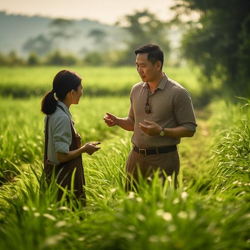 Create a realistic visual scenario resembling a photograph. Picture a 30-year-old Thai office worker, dressed in a white and red polo shirt, standing in a lush green rice field. He is explaining something to a 50-year-old Thai female farmer. In his hands, he holds a long napier grass, approximately 2 meters in length. Capture the essence of this mid-journey moment as the worker communicates information to the Thai farmer amidst the vibrant green rice field.