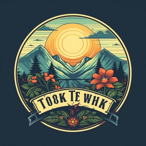 Create a retro-inspired logo design of an open vintage leather story book with flowers coming out of the pages, with woods, mountains, and a sunset in the background, surrounded by a circular badge with body typography. Style: Retro and bold. Keywords: Retro, storybook, vintage illustration, circular badge, bold typography. Reference Artist: DKNG.