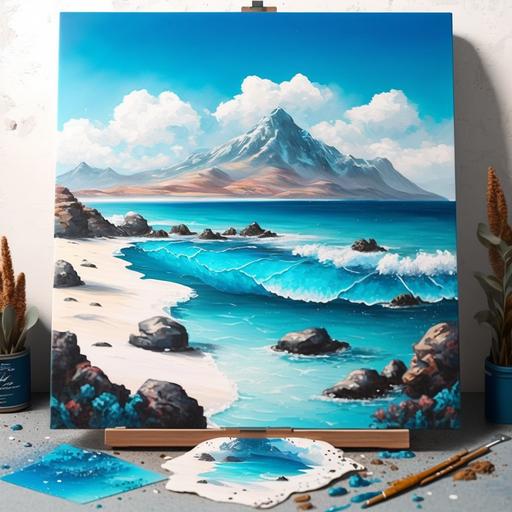 Create a seascape inspired by the Canary Islands, featuring a majestic view of Teide Mountain surrounded by blue sky and crystal-clear blue water. The style should be realistic with attention to detail in capturing the unique terrain of the islands. The lighting should be sunny with a bright and warm glow. The color palette should consist of shades of blue for the sky and water, with earthy tones for the mountain and golden sand. The composition should be a wide-angle shot, capturing the vastness and beauty of the scenery.