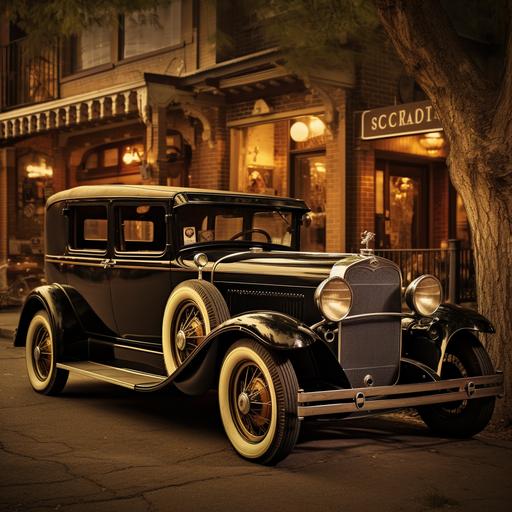 Create a sepia-toned photograph-style image of a 1920s gangster getaway car parked outside a historic speakeasy in the spirit of old-time crime photography, showcasing the Prohibition
