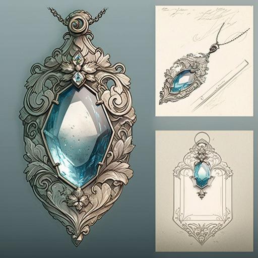 Create a sketch for a piece of jewelry. A silver pendant, vertical, to be placed between the neck and the chest, which contains one or two topaz. May it be in silver but with a light texture. May you remember the snow, Japan, the 1800s and love.