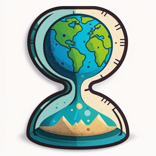 Create a sticker symbolizing the urgency of Climate Change, drawing on the universal symbol of an hourglass. Visual: A simplified, iconic hourglass – top half, a healthy globe; bottom half, a barren, heated Earth. Shapes: Geometric and straightforward – circles for Earth and triangles for the hourglass. Colors: Cool blues and greens for a healthy Earth, fading to distressed warm browns and reds for the barren half. Goal: Instantly convey the urgency and impact of Climate Change. Draw upon the universal understanding of the hourglass as time running out. Objective: Create a viral, clear, iconic symbol for the fight against Climate Change. No writings - the imagery must deliver the message. --v 4