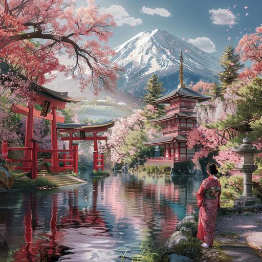 Create a stunning photorealistic image featuring a serene Japanese landscape, showcasing the iconic Mount Fuji in the background, bordered by a meandering river reflecting the delicate pink hues of cherry blossoms (sakura). A traditional red torii gate next to a temple stands gracefully amidst the blossoms, leading towards the mountain. In the foreground, a poised geisha, dressed in elegant kimono, adds a touch of cultural authenticity and tranquility to the scene. Capture the essence of Japan's natural beauty and rich traditions in this breathtaking composition