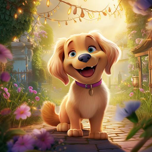 Create a super chubby cute golden retriever cartoon dog. pixar style, charming smiling face. Playing with 3 little puppies. Chubby dog has blue bow tie. background is mystical garden,bright sunshine, giant flowers, fun, trees, very detailed,8k
