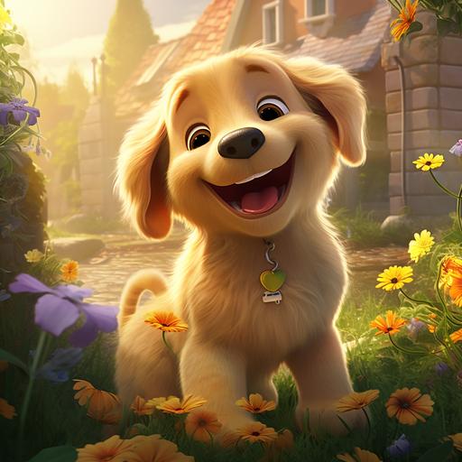 Create a super chubby cute golden retriever cartoon dog. pixar style, charming smiling face. Playing with 3 little puppies. Chubby dog has blue bow tie. background is mystical garden,bright sunshine, giant flowers, fun, trees, very detailed,8k