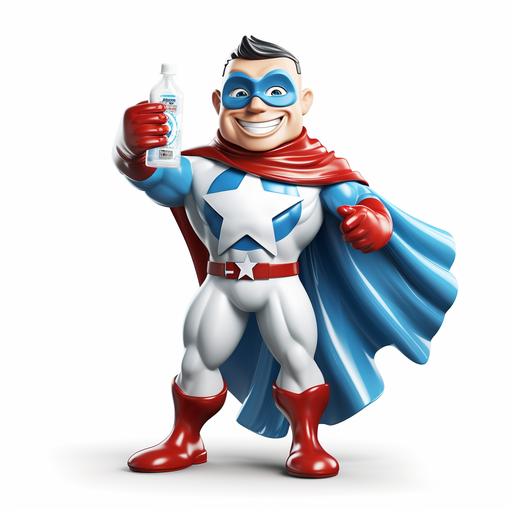Create a superhero character for a cleaning product. Strong, white smile, masked, uniform with a chest symbol (C with a small star shining), colors: blue, white, red. Holding a cleaning cloth. No background.