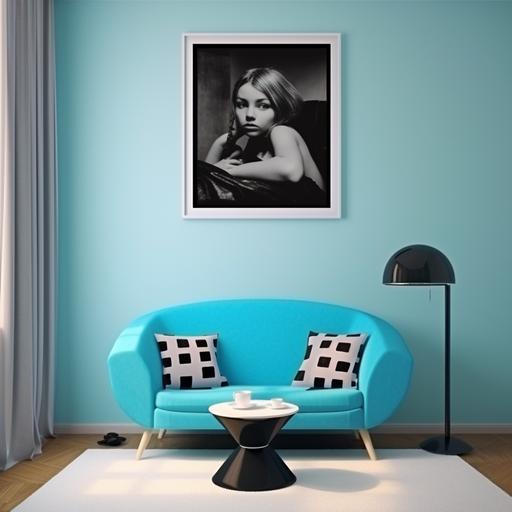 Create a teenager's room where there is a picture visible in it. The picture should be the center of the image. The room should have only one painting at size 27 x 27 cm. The color of the picture frame should be black