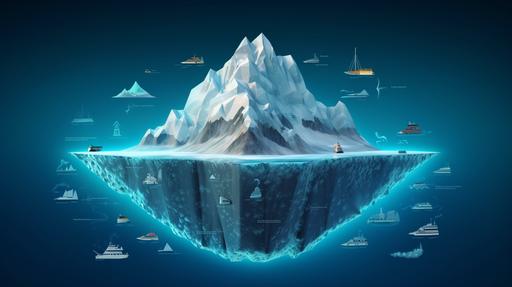 Create a ultra high-quality rendered animated infographic of an iceberg in a vast ocean. The tip above the water represents the Surface Web, filled with familiar icons like social media logos and web browsers. Below the water, the Deep Web is represented by eerie symbols like shadowy databases and secret websites. The darkest part, the Dark Web, is filled with symbols like glowing cannabis leaves, leaking toxic waste barrels, menacing military submarines, and monstrous sea creatures. The style should be modern and animated, with a clear transition from light to dark as we move from the Surface Web to the Dark Web. The composition should be capture the entire iceberg, the deep water below it, the ocean around it, leaving room for editing in photoshop. Use a high-resolution 32k 3d animator workstation for the project. reference image  --ar 16:9 --v 5.1 --style raw --q 5 --s 750