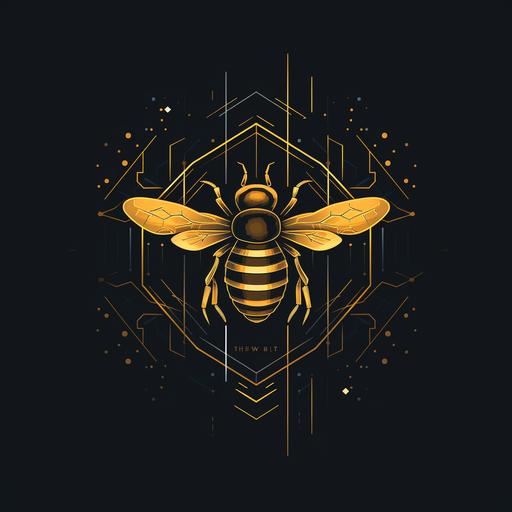 Create a unique and futuristic geometric, vibrant bee logo. Incorporate elements inspired by operating systems, robots, and clean lines. Infuse the logo with a rustic appearance reminiscent of Transformers and Star Wars