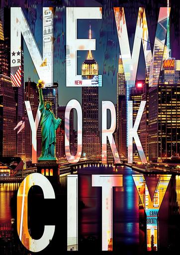 Create a vertical film grain photo-style collage depicting iconic landmarks and scenes from New York City, arranged within the letters of the word 'NEW YORK CITY'. Each letter should feature a different scene: 'N' with the Statue of Liberty, 'E' with the Empire State Building at night, 'W' with Times Square's neon lights, 'O' with the interior of Grand Central Station, 'R' with the Brooklyn Bridge, 'K' with a view of Manhattan skyline at dusk. The letters should be large and black, set against a contrasting background that makes the images within the letters stand out. The overall mood is vibrant and bustling, capturing the essence of the city, new york city poster, by jeremy reynolds, in the style of photo montage, dynamic lettering, lightbox, snapshots of america, flickr, vibrant collage, high-contrast shading --ar 5:7 --style raw  --v 6.0