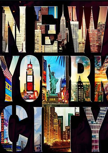 Create a vertical film grain photo-style collage depicting iconic landmarks and scenes from New York City, arranged within the letters of the word 'NEW YORK CITY'. Each letter should feature a different scene: 'N' with the Statue of Liberty, 'E' with the Empire State Building at night, 'W' with Times Square's neon lights, 'O' with the interior of Grand Central Station, 'R' with the Brooklyn Bridge, 'K' with a view of Manhattan skyline at dusk. The letters should be large and black, set against a contrasting background that makes the images within the letters stand out. The overall mood is vibrant and bustling, capturing the essence of the city, new york city poster, by jeremy reynolds, in the style of photo montage, dynamic lettering, lightbox, snapshots of america, flickr, vibrant collage, high-contrast shading --ar 5:7 --style raw