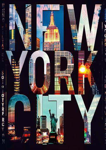 Create a vertical film grain photo-style collage depicting iconic landmarks and scenes from New York City, arranged within the letters of the word 'NEW YORK CITY'. Each letter should feature a different scene: 'N' with the Statue of Liberty, 'E' with the Empire State Building at night, 'W' with Times Square's neon lights, 'O' with the interior of Grand Central Station, 'R' with the Brooklyn Bridge, 'K' with a view of Manhattan skyline at dusk. The letters should be large and black, set against a contrasting background that makes the images within the letters stand out. The overall mood is vibrant and bustling, capturing the essence of the city, new york city poster, by jeremy reynolds, in the style of photo montage, dynamic lettering, lightbox, snapshots of america, flickr, vibrant collage, high-contrast shading --ar 5:7 --style raw  --v 6.0