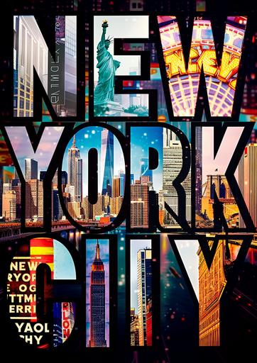 Create a vertical film grain photo-style collage depicting iconic landmarks and scenes from New York City, arranged within the letters of the word 'NEW YORK CITY'. Each letter should feature a different scene: 'N' with the Statue of Liberty, 'E' with the Empire State Building at night, 'W' with Times Square's neon lights, 'O' with the interior of Grand Central Station, 'R' with the Brooklyn Bridge, 'K' with a view of Manhattan skyline at dusk. The letters should be large and black, set against a contrasting background that makes the images within the letters stand out. The overall mood is vibrant and bustling, capturing the essence of the city, new york city poster, by jeremy reynolds, in the style of photo montage, dynamic lettering, lightbox, snapshots of america, flickr, vibrant collage, high-contrast shading --ar 5:7 --style raw