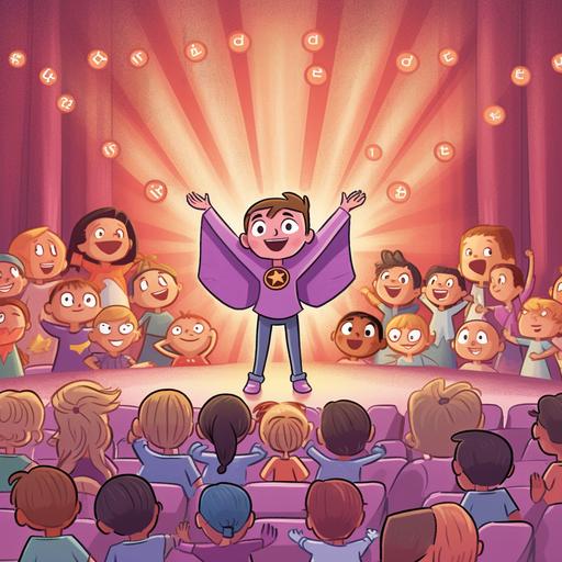 Create a vibrant and engaging background, depicting a school auditorium filled with eager faces, each child representing a different background and ethnicity. Let Emma's expressive gestures and animated storytelling captivate the audience, while highlighting the attentive and inspired reactions of the children. Show Emma's superhero cape with an epilepsy awareness emblem, symbolizing her role as an Epilepsy Ambassador. The image should convey a sense of empowerment, unity, and understanding, as Emma uses her wit and storytelling abilities to educate and inspire her audience about epilepsy. ar 2:3