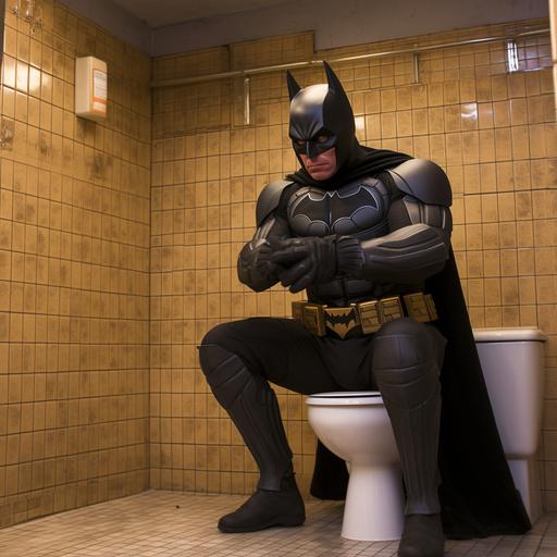 Create a visually captivating and humorous high-resolution color photograph featuring a superhero wearing a bat costume in a comical situation. Capture the superhero seated on a toilet, portraying a lighthearted and unexpected moment. The superhero should be depicted in a confident and relaxed pose, still exuding their heroic presence even in this humorous setting. Pay attention to the details of the bat costume, ensuring it is visually striking and instantly recognizable. Utilize vibrant and dynamic colors to enhance the overall impact of the image. Experiment with lighting to create a visually appealing composition and emphasize the superhero's presence. Consider incorporating playful elements such as comic book-style speech bubbles or props to add an extra layer of humor to the photograph. The final image should be high-resolution, showcasing the juxtaposition of the superhero's iconic image with the unexpected and amusing scenario.