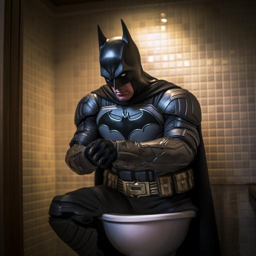 Create a visually captivating and humorous high-resolution color photograph featuring a superhero wearing a bat costume in a comical situation. Capture the superhero seated on a toilet, portraying a lighthearted and unexpected moment. The superhero should be depicted in a confident and relaxed pose, still exuding their heroic presence even in this humorous setting. Pay attention to the details of the bat costume, ensuring it is visually striking and instantly recognizable. Utilize vibrant and dynamic colors to enhance the overall impact of the image. Experiment with lighting to create a visually appealing composition and emphasize the superhero's presence. Consider incorporating playful elements such as comic book-style speech bubbles or props to add an extra layer of humor to the photograph. The final image should be high-resolution, showcasing the juxtaposition of the superhero's iconic image with the unexpected and amusing scenario.