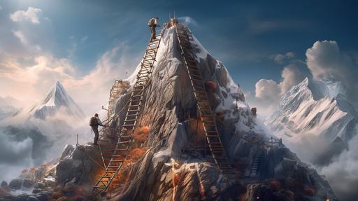 Create a visually stunning realistic photograph of a busines leader climbing a tall mountain while carrying a ladder, place ladders at different sections of the mountain, the scene is vibrant and detailed --ar 16:9