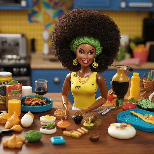 Create a vivid and high-definition scene featuring a stylish black woman straight out of the 70s, her glorious afro hairstyle framing her face. She's immersed in the art of baking, surrounded by an array of vibrant gold, blue, and green kitchen accessories and ingredients. Capture the nostalgia of the era as she passionately crafts and decorates cakes, infusing each creation with love and creativity. Showcase the fusion of fashion, culture, and culinary artistry in this picturesque moment.