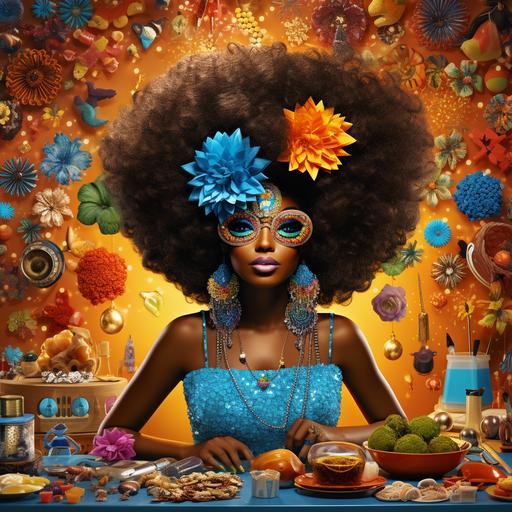 Create a vivid and high-definition scene featuring a stylish black woman straight out of the 70s, her glorious afro hairstyle framing her face. She's immersed in the art of baking, surrounded by an array of vibrant gold, blue, and green kitchen accessories and ingredients. Capture the nostalgia of the era as she passionately crafts and decorates cakes, infusing each creation with love and creativity. Showcase the fusion of fashion, culture, and culinary artistry in this picturesque moment.