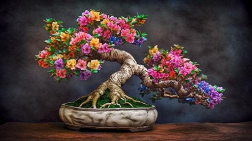 Create a whimsical and artistic image of a bonsai with colorful flowers made by watercolored pencil with this photography prompt. Start by choosing a bonsai tree that has an interesting shape and texture, and place it on a plain background such as a white wall or a black cloth. Use a tripod to stabilize your camera and set the aperture to a low value to create a shallow depth of field. Next, use watercolored pencils to draw some flowers on a piece of paper. You can use any colors and shapes you like, but make sure they contrast well with the bonsai tree. Cut out the flowers and attach them to the branches of the bonsai tree using tape or glue. Arrange them in a way that looks natural and balanced. To add some drama and dimension to your shot, use volumetric lighting to create a soft and ethereal effect. Use a fog machine or incense to fill the room with smoke, then light the scene from behind or above with a flash or an LED light. The light will scatter through the smoke and create a glowing halo around the bonsai tree and the flowers. Use a telephoto lens to capture this effect and experiment with different angles and distances to find the best composition --ar 16:9 --v 5 --q 2