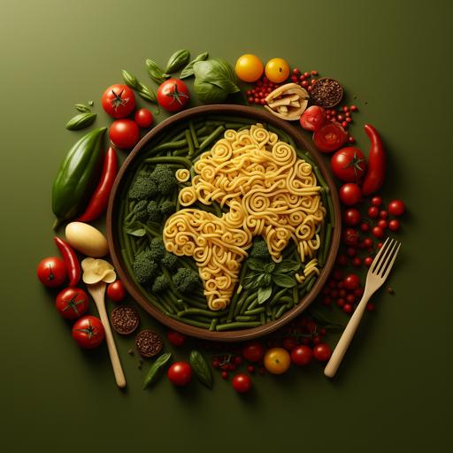 Create an A4-sized artwork that encapsulates the 25-year partnership between Barilla and Emirates Snack Foods. The canvas should showcase: A background transitioning from Pesto Genovese green to a deep tomato red, signifying Italian cuisine's essence. An ornate pasta fork, twirling spaghetti, rooted in a Middle Eastern globe. This fusion symbolizes the Italian culinary traditions embraced in the Middle East. At the top corners, two great chefs: one with a Pesto Genovese jar and the other seasoning pasta. A central emphasis on the number '25', interwoven with images of pasta, sauces, and pesto, surrounded by silhouettes of UAE families dining. Elegant side elements: a calendar representing 300 months and a clock showcasing 200,000 hours. The poignant phrases 