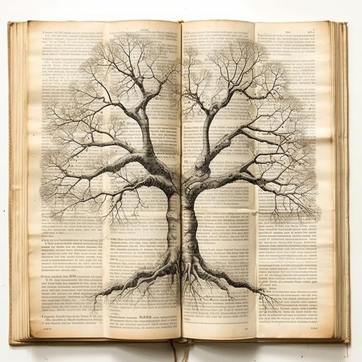 Create an X-ray of a towering oak tree on vintage book pages, highlighting its roots, branches, and leaves with aged labels.