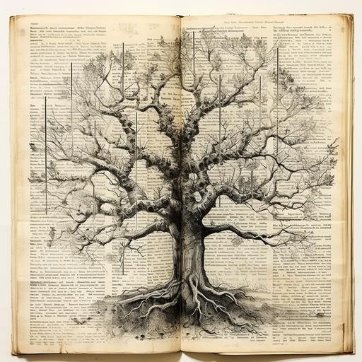 Create an X-ray of a towering oak tree on vintage book pages, highlighting its roots, branches, and leaves with aged labels.