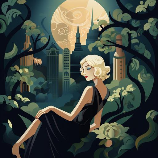 Create an animated Art Deco-style scene featuring a little and charming, melancholic girl with flowing blonde locks seated gracefully beneath an ornate tree. The surroundings should reflect the opulence and elegance of the Art Deco era, with intricate geometric patterns and a sense of timeless beauty. The animation should capture the girl's emotions as she contemplates her thoughts and the world around her in this exquisite Art Deco setting