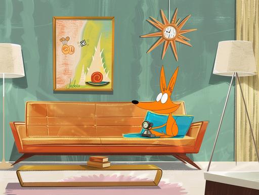 Create an animation cel for 'Rocko's Mid-Century Modern Life', featuring Rocko in a stylized, mid-century modern living room. Rocko is fully in frame, sitting on a sleek, low-profile sofa with tapered legs, characteristic of mid-century design. The room is adorned with atomic-age decor, including a Sputnik chandelier, starburst clock, and abstract art pieces showcasing vibrant colors and geometric patterns. The color palette combines retro hues such as teal, mustard yellow, and burnt orange, with a touch of whimsy to reflect Joe Murray's unique style. Rocko is interacting with a vintage rotary phone, expressing a comically puzzled look, typical of Murray's expressive character design. The background should be detailed, with clean lines and a seamless blend of the mid-century modern aesthetic with the cartoon's quirky, exaggerated elements. Ensure the image captures the humor and satirical edge of the show, while remaining true to the era's iconic design principles. --ar 4:3 --s 50 --v 6.0 --style raw