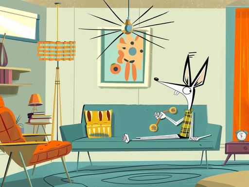 Create an animation cel for 'Rocko's Mid-Century Modern Life', featuring Rocko in a stylized, mid-century modern living room. Rocko is fully in frame, sitting on a sleek, low-profile sofa with tapered legs, characteristic of mid-century design. The room is adorned with atomic-age decor, including a Sputnik chandelier, starburst clock, and abstract art pieces showcasing vibrant colors and geometric patterns. The color palette combines retro hues such as teal, mustard yellow, and burnt orange, with a touch of whimsy to reflect Joe Murray's unique style. Rocko is interacting with a vintage rotary phone, expressing a comically puzzled look, typical of Murray's expressive character design. The background should be detailed, with clean lines and a seamless blend of the mid-century modern aesthetic with the cartoon's quirky, exaggerated elements. Ensure the image captures the humor and satirical edge of the show, while remaining true to the era's iconic design principles. --ar 4:3 --s 50 --v 6.0 --style raw