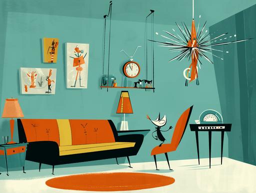 Create an animation cel for 'Rocko's Mid-Century Modern Life', featuring Rocko in a stylized, mid-century modern living room. Rocko is fully in frame, sitting on a sleek, low-profile sofa with tapered legs, characteristic of mid-century design. The room is adorned with atomic-age decor, including a Sputnik chandelier, starburst clock, and abstract art pieces showcasing vibrant colors and geometric patterns. The color palette combines retro hues such as teal, mustard yellow, and burnt orange, with a touch of whimsy to reflect Joe Murray's unique style. Rocko is interacting with a vintage rotary phone, expressing a comically puzzled look, typical of Murray's expressive character design. The background should be detailed, with clean lines and a seamless blend of the mid-century modern aesthetic with the cartoon's quirky, exaggerated elements. Ensure the image captures the humor and satirical edge of the show, while remaining true to the era's iconic design principles. --ar 4:3 --s 50 --niji 6 --style raw