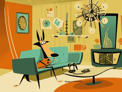 Create an animation cel for 'Rocko's Mid-Century Modern Life', featuring Rocko in a stylized, mid-century modern living room. Rocko is fully in frame, sitting on a sleek, low-profile sofa with tapered legs, characteristic of mid-century design. The room is adorned with atomic-age decor, including a Sputnik chandelier, starburst clock, and abstract art pieces showcasing vibrant colors and geometric patterns. The color palette combines retro hues such as teal, mustard yellow, and burnt orange, with a touch of whimsy to reflect Joe Murray's unique style. Rocko is interacting with a vintage rotary phone, expressing a comically puzzled look, typical of Murray's expressive character design. The background should be detailed, with clean lines and a seamless blend of the mid-century modern aesthetic with the cartoon's quirky, exaggerated elements. Ensure the image captures the humor and satirical edge of the show, while remaining true to the era's iconic design principles. --ar 4:3 --s 50 --niji 6 --style raw