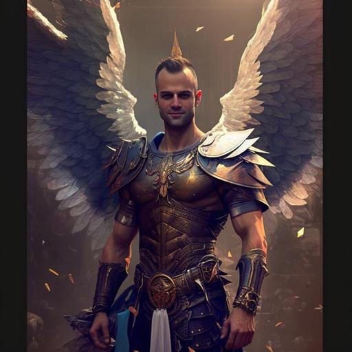 Create an arch angel warrior image similar to  without head gear and holding a morning star mace wand, but with a face very similar to  or