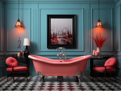 Create an award winning poster mock up of a Parisian apartment bathroom. It needs to breaks down an interior architecture photograph composition into the following key elements, where each of these key elements is a column: editorial style photo, high angle, Memphis style, with aspects of pop art and art deco. neon signs, black and white checkered tiles. Bold, eye-catching colors. Must Include an empty, blank poster, frame, in the background. Soft light, in Paris, cozy, interior design. High Quality --s 750 --ar 4:3