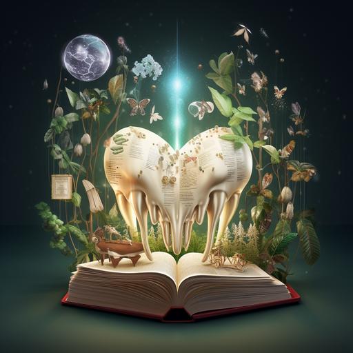Create an enchanted or magical book about dental technology with symbols, runes, or mystical elements that morph into data points, underlining the transformation from tales to factual content.