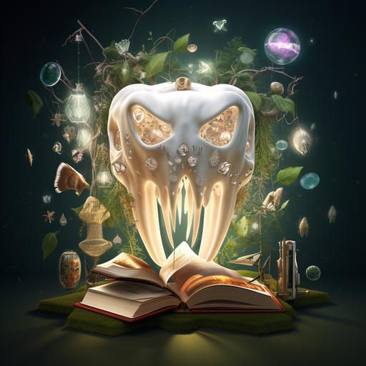 Create an enchanted or magical book about dental technology with symbols, runes, or mystical elements that morph into data points, underlining the transformation from tales to factual content.