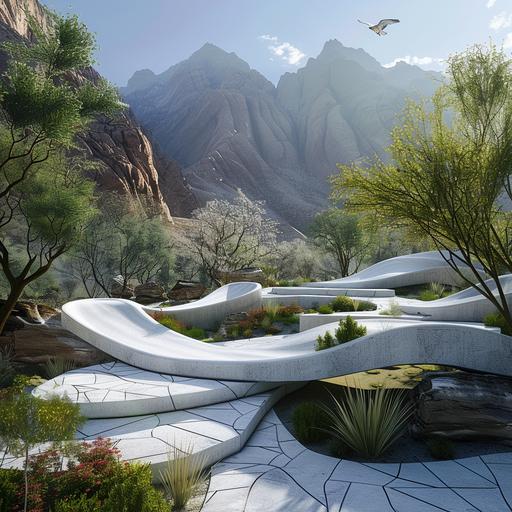 Create an enchanting augmented reality nature park experience in the Hijaz Mountains, Saudi Arabia. The visitor, phone in hand, sees a digitally rendered endangered eagle seamlessly integrated into the landscape on a Zaha Hadid-inspired platform. The park, featuring fluid designs, lush vegetation, and local plantings, harmonizes with the surroundings. Incorporate Zaha Hadid's style in seating and paths. Opt for a simple chalk-white bio-render with shadows and linework for a sleek look. architectural , photographed by Hélène Binet--ar 16:9