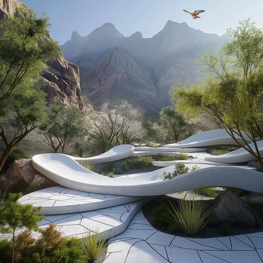 Create an enchanting augmented reality nature park experience in the Hijaz Mountains, Saudi Arabia. The visitor, phone in hand, sees a digitally rendered endangered eagle seamlessly integrated into the landscape on a Zaha Hadid-inspired platform. The park, featuring fluid designs, lush vegetation, and local plantings, harmonizes with the surroundings. Incorporate Zaha Hadid's style in seating and paths. Opt for a simple chalk-white bio-render with shadows and linework for a sleek look. architectural , photographed by Hélène Binet--ar 16:9 --v 6.0