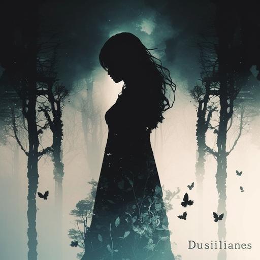 Create an ethereal and melancholic album art for the song 'Distant Memories'. The image should evoke feelings of longing, sadness, and transcendence. The visual should be dark, but with a touch of light, symbolizing the hope and search for something greater. The main focus of the image could be a silhouette of a tall, slim and brunette woman, facing away, running or walking towards the light, amidst a dream-like landscape. The woman is far away in the scene. The color palette should be soft and muted, featuring shades of green, blue, purple, and grey. Incorporate elements such as mist, smoke, or dust to add to the atmosphere of distance and forgotten dreams. The picture takes place in the forest. The image should be evocative, artistic, and professional, representing the emotional and ethereal sound of the song, high detail, reflections, light rays, emotional, sad, cinematic.