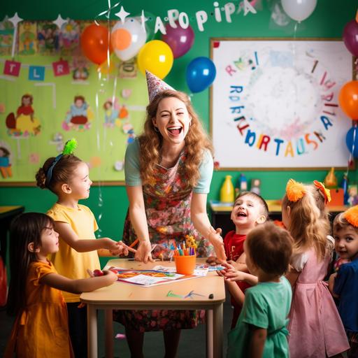 Create an image featuring Anna, a cheerful preschool teacher, celebrating her birthday in a vibrant classroom. She stands surrounded by children's colorful drawings, wearing lively attire. In her hand, she holds an open bottle resembling champagne, filled with sparkling fruit juice, and distributes plastic flutes to smiling children. Their joyful faces and wishes fill the room, accompanied by a chorus of a birthday song. Balloons and confetti enhance the cheerful atmosphere, reflecting the camaraderie and happiness typical of a preschool setting