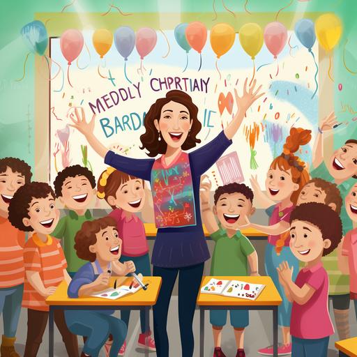 Create an image featuring Anna, a cheerful preschool teacher, celebrating her birthday in a vibrant classroom. She stands surrounded by children's colorful drawings, wearing lively attire. In her hand, she holds an open bottle resembling champagne, filled with sparkling fruit juice, and distributes plastic flutes to smiling children. Their joyful faces and wishes fill the room, accompanied by a chorus of a birthday song. Balloons and confetti enhance the cheerful atmosphere, reflecting the camaraderie and happiness typical of a preschool setting